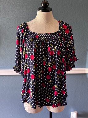 LuLaRoe Navy Cherry & Polka Dot Peasant Top